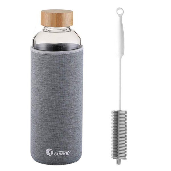 sunkey Glass Water Bottle 64 Oz Wide Mouth with Bamboo Lid Neoprene Sleeve Bottle Brush Bpa Free