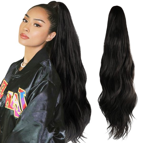 20 inch Ponytail Extensions Drawstring Claw - Clip in Ponytail hair extension Curly Drawstring Ponytail Natural Black Curly Wavy body pony tail hair extainson Claw Synthetic Hairpiece for Black Women