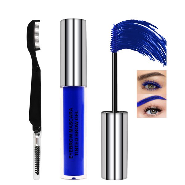 Blue Waterproof Mascara for Eyelashes Eyebrow,Long Lasting Tinted Tubing Brow Lash Extensions Mascara, Curl Volumizing Eyebrow Gel Mascara,Smudge Proof Non Clump Colored Brow Gel Eye Makeup for Women