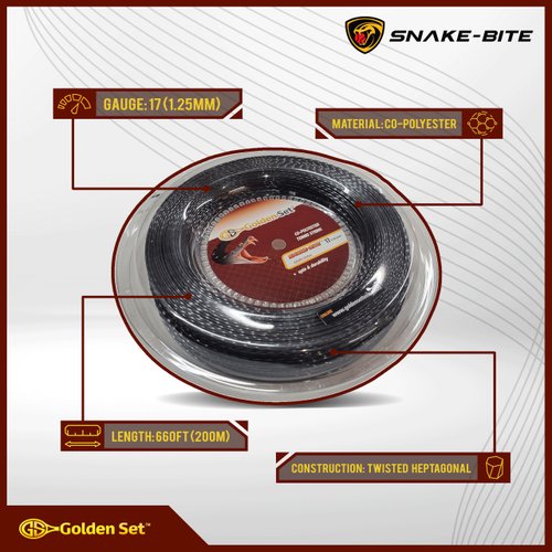 Golden Set Snake-Bite Polyester Tennis String (Black, 17 Gauge Reel (660ft/200mm)