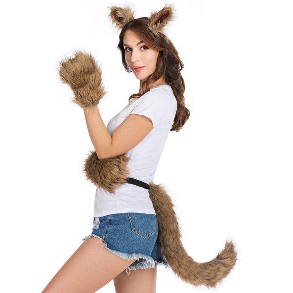 HAOAN Wolf Fox Tail Clip Ears and Gloves Set Halloween Christmas Fancy Party Costume Toys Gift for Women and Man Brown