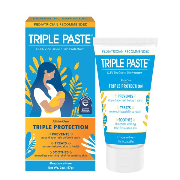 Triple Paste Diaper Rash Cream for Baby - 2 oz Tube - Zinc Oxide Ointment Treats, Soothes and Prevents Diaper Rash - Pediatrician-Recommended Hypoallergenic Formula with Soothing Botanicals
