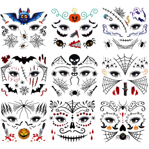 Spider Scar Face Tattoos, 9-Sheet Face Spider Web Mask Prank Temporary Tattoo Stickers Fake Face Scar Blood Realistic Tattoos for Kids Boys Girls Holloween Face Makeup