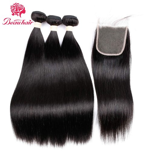 Beauhair Straight Hair Bundles with Closure (26 28 30+20 Closure) 100% Brazilian Straight Virgin Hair 3 Bundles with Lace Closure Free Part Human Hair Extensions Natural Black Color