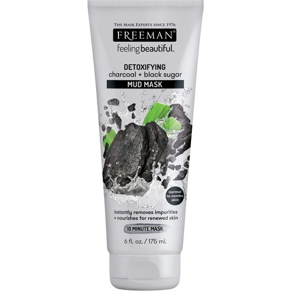 FREEMAN Detoxifying Charcoal & Black Sugar Mud Mask, Hydrating and Oil Absorbing Facial Mask, 6 fl oz tube/175 mL