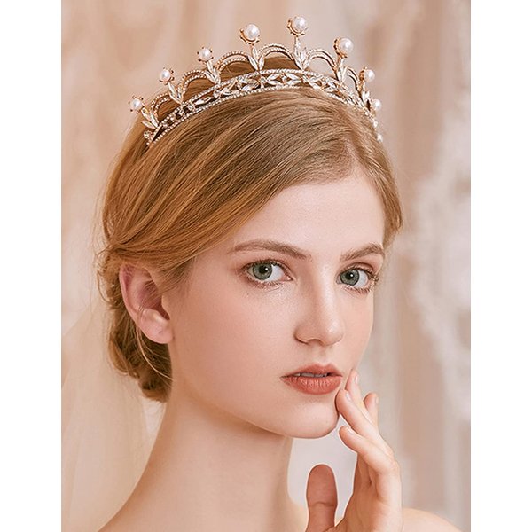 JWICOS Gold Crystal Queen Crown for Wedding Bridal Prom Party Elegant Pearl Tiara Hair Accessories for Brides and Bridesmaid