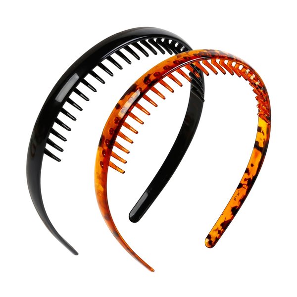 TEBIEKOY 2 PCS Plastic Headbands for Women Thin Hairband with Teeth Black Non Slip Headband for Women's Hair Brown Classic Hairbands for Girls Hair Accessories