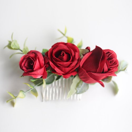 Fangsen Wedding Boho Red Rose Buds Flower Hair Clips Floral Comb With Hair Piece and Hair Vines for Brides and Bridesmaids Silver