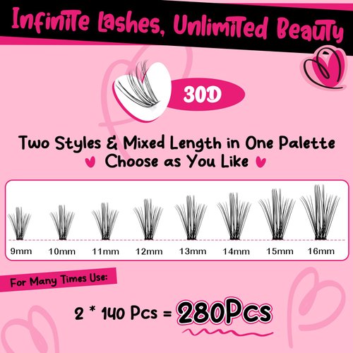 𝐏𝐑𝐎 DIY Lash Extension Kit 280pcs Lash Clusters D Curl Eyelash Extension Kit Individual Lashes with Lash Bond and Seal Lash Remover Lash Applicator Easy to Apply at Home(50D-9-16mix Kit)