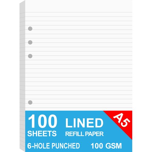 A5 Lined Paper, Refills for Filofax Planner, Organizer, Binders, 6 Hole Punched, 100 Sheets/200 Pages, 100gsm, White, 5.8 x 8.2 Inch