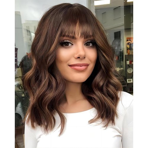 Short Wavy Brown Blonde Wig with Bangs 14inch Highlight Blonde Wigs for Women Short Curly Bob Wigs Synthetic Natural Looking Hair Replacement Wigs Costume Cosplay Halloween Wig(14'' Brown Blonde)