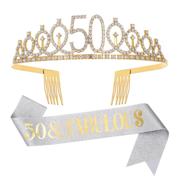 Sliver Gold "50 & Fabulous"Sash & Rhinestone Tiara Set, 50th Birthday Gifts for Women, Birthday Sash/Tiara for Women's 50th Birthday Party Decoration (Sliver 50th)