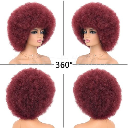 LANSHA 70s Afro Kinky Curly Wigs With Bangs for Black Women Men,Soft Wine Red Bug Color Preium Synthetic Fibers Big Bouncy Afro wigs,Nature Looking LightWeight Afro Puff Wig For Daily Party Use