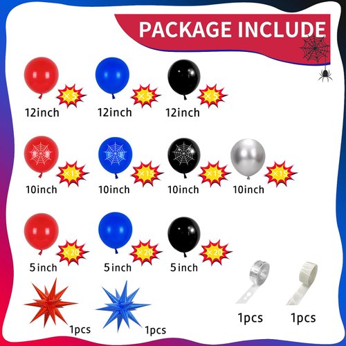 139 Pcs Blue Red Black Balloon Arch Garland Kit, for Cartoon Spider Theme Birthday Party Decorations Boys and Girls Gatherings Party Supplies