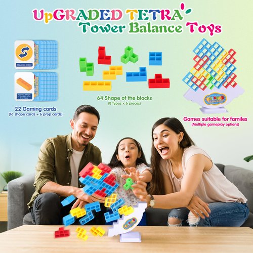 LIMYIOM 64Pcs Tetra Tower Game, Stack Attack Family Board for 2 Players Family Games, Building Blocks Stacking Balance Games Toys for Kids, Adults, Friends, Classroom, Family and Travel Party