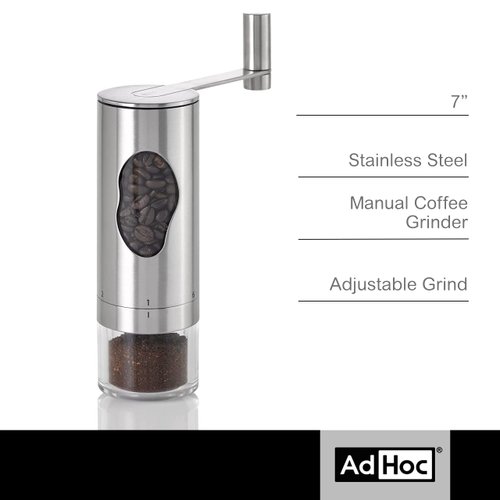 AdHoc Mrs. Bean Stainless Steel Coffee Grinder - 7" Manual Coffee Burr Grinder with Adjustable Coarseness Settings - Stainless Steel Coffee Bean Grinder - Easy-to-Clean Kitchen Tool