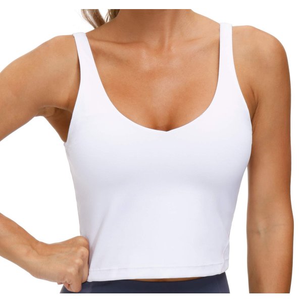 Women’s Longline Sports Bra Wirefree Padded Medium Support Yoga Bras Gym Running Workout Tank Tops (White, Medium)