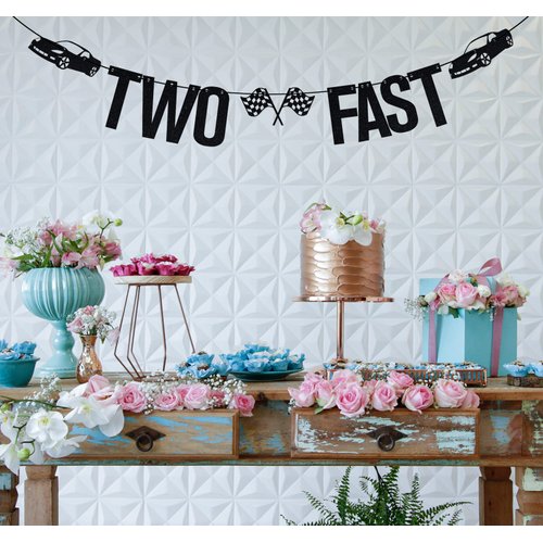 Two Fast Banner, Race Car Theme Party Decorations, 2nd Birthday Decorations, Happy 2nd Birthday Decorations for Boys, Race Car Birthday Decor Black Glitter