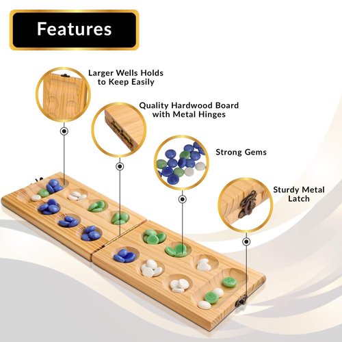 Point Games Solid Pine Mancala - Folding Board Game with Blue, Green, White Marbles- Portable Strategy Travel Game - Recommended Ages 6+