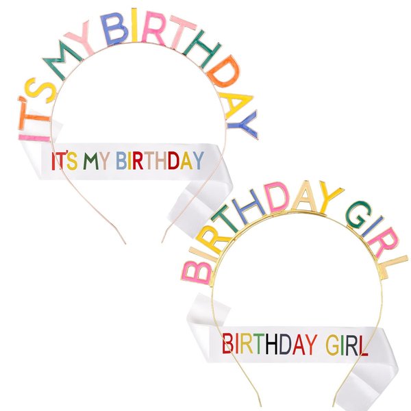 BENBO Birthday Crowns for Women, 4PCS Cute Birthday Sash Birthday Tiara Set Its My Birthday Birthday Headband Birthday Girl Headband Rainbow Letter Princess Hair Band Sweet Happy Birthday Accessories