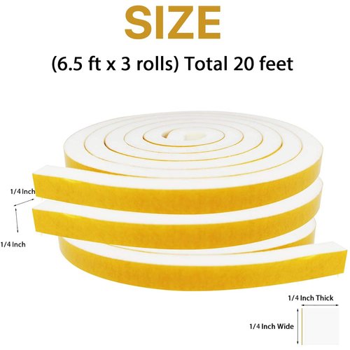 Futuwi Weather Stripping Door Seal-3 Rolls, 1/4 Inch Wide X 1/4 Inch Thick Total 20 Feet Long, Foam Seal Tape for Window Insulation(6.5ft x 3 Rolls)