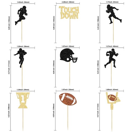 36Pcs Rugby Ball Cupcake Toppers Glitter Trophy American Football Cupcake Picks Touchdown Player Cake Decorations for Super Bowl Rugby Sports Theme Baby Shower Kids Birthday Party Supplies