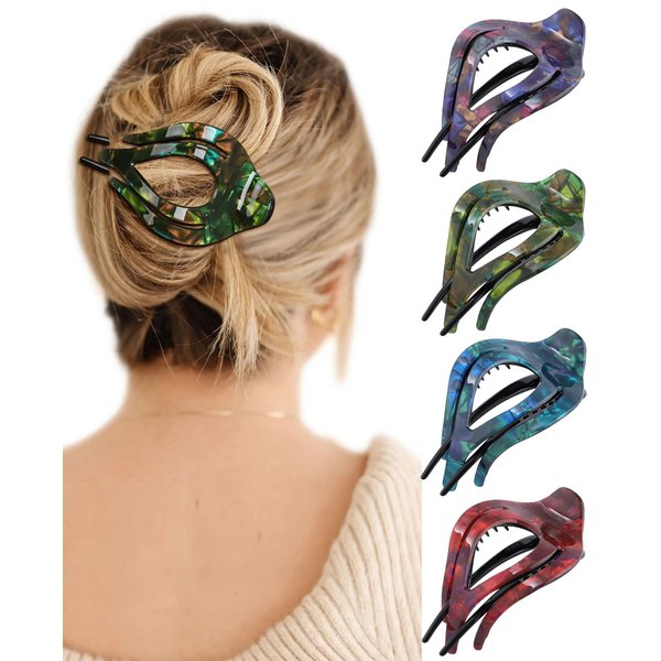 French Concord Curved Hair Clips - 4Pcs Acrylic Hair Claw Clips for Women Thick Hair Flat Hair Clips Strong Hold Claw Clips (Crack pattern(Blue/Green/Red/Purple))