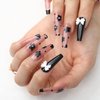 Aksod Cute Long Coffin Press on Nails Black Glossy Fake Nails Design Flower Bow French False Nails Tips Ballerina Full Cover Halloween Artificial Stick on Nails for Women and Girls 24Pcs (Style C)