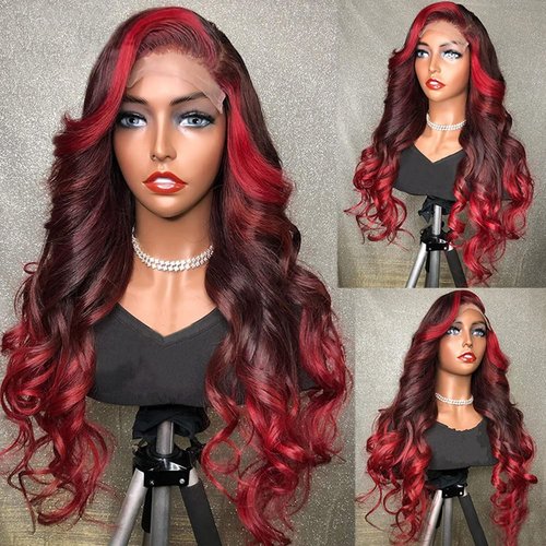 Nicy Ombre Highlight 99J Burgundy Colored Body Wave Lace Front Human Hair Wigs Glueless HD Transparent Red Frontal t parting wig(24inch, T Parting Wig)
