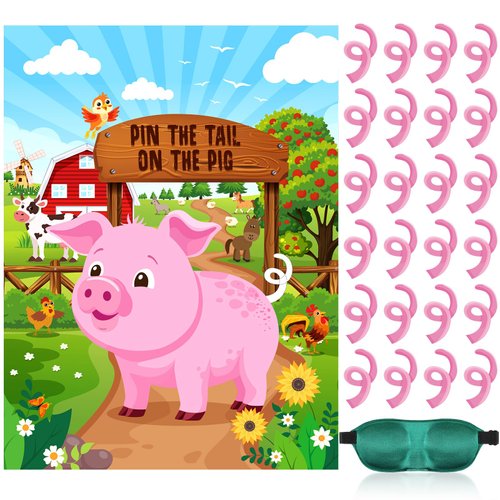 Faccito Pin The Tail on The Pig Party Game Farm Party Decorations Farm Animal Party Games Set Pig Poster with 24 Pig Tail Stickers Blindfold for Animal Birthday Party Favors Supplies