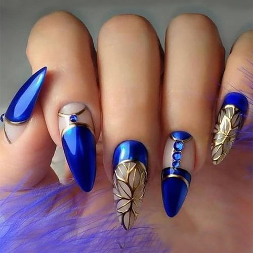 Blue Press on Nails Almond Medium Artificial False Nails Blue Rhinestones Gold Foil Design Acrylic Nails Full Cover Glossy Coffin Fake Nails Charm French Stick on Nails Set Glue on Nails for Women