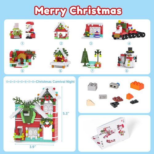 8 in 1 Christmas Building Blocks Set for Kids , 683PCS Building Blocks Set with Santa Claus Snowmen Trees and Trains, Christmas Birthday Party Goodie Bags Stuffers, Xmas Present for Boys Girls Ages 6+