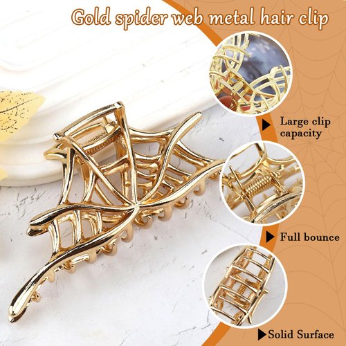 Spider Web Hair Clips Gold Metal Halloween Hair Accessories for Women Girls Playful Hollow Out Spider Web Hair Claw Clips Hairpins Strong Hold Nonslip Hair Clip for Day of the Dead Decoration 1 Pcs