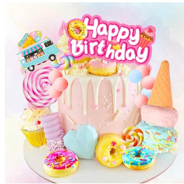 24 PCS Ice Cream Cupcake Toppers Donut Cake Topper Dount Themed Cake Topper Donut Birthday Themed Party Supplies Ice Cream Themed Birthday Cake Decorations