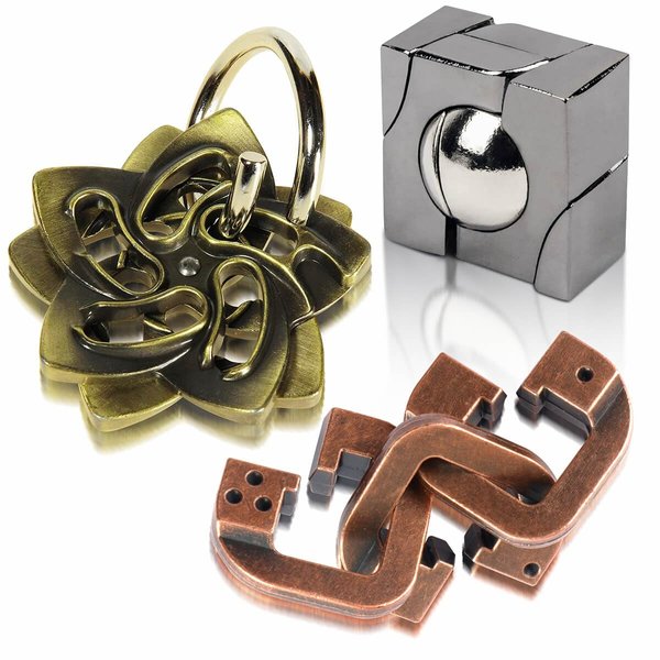 GVKES Fun Metal Brain Teaser Puzzle Games - 3PCS Adults Mind 3D Toys -Teens IQ Insight Challenge - Educational Gift for Ages 12+