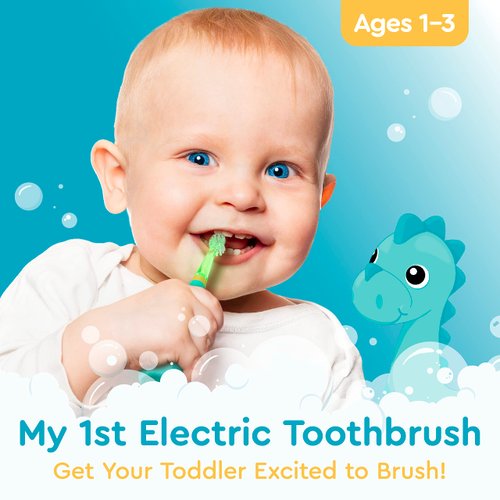 Brusheez Little Toddlers Sonic Toothbrush - Safe & Gentle Toothbrush for Ages 1-3 with Built-in, Light-Up 2-Minute Timer, Extra Brush Head, & Storage Base for First-Time Brushers (Rex The Dinosaur)