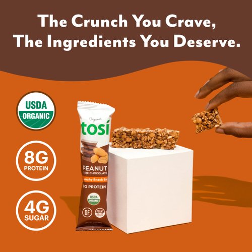 Tosi Nut Bars, 8G Protein (12 Pack, 1oz Bars), Plant Based Protein Bars, Crunchy Vegan Snacks, Dark Chocolate Peanut Bars, Low Sugar Healthy Snacks, Gluten Free, Soy Free, Fiber, Flax & Chia Seeds