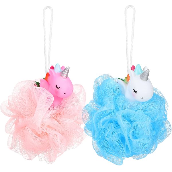 Lurrose 2pcs Unicorn Shower Loofah Exfoliating Mesh Shower Ball Pouf Kids Bath Sponge Body Cleaner Deep Cleaning Loofah Bath Sponge