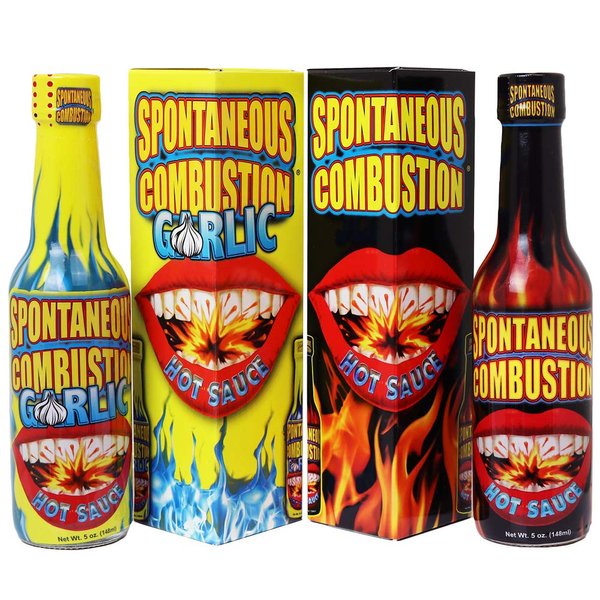 SPONTANEOUS COMBUSTION Garlic and Original Hot Sauce with Habanero - 5 oz – 2 Pack - Try if you dare! – Perfect Gourmet Gift for the Hot Sauce Fan