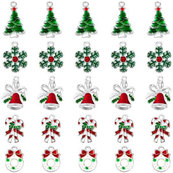 Hicarer 50 Pieces Assorted Enamel Charm Pendants Christmas Tree Charms Snowflake Garland Bell Craft Charm Christmas Theme Decorative Enamel Pendants for DIY Crafts Jewelry Making Supplies