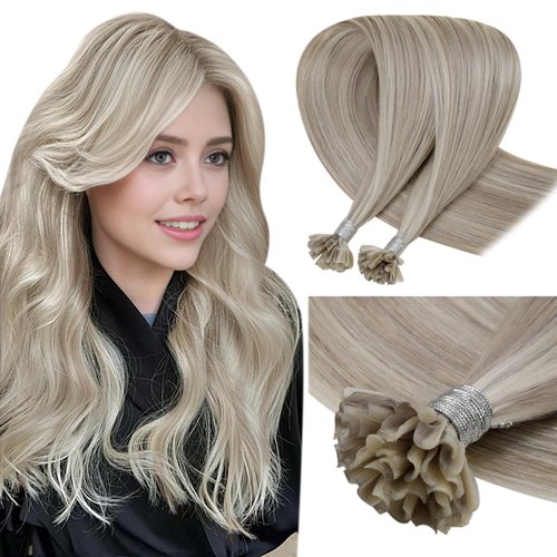 LaaVoo Blonde U Tip Hair Extensions Human Hair Ash Blonde Mixed With Bleach Blonde K Tips Hair Extensions Human Hair Hot Fusion 18Inch Utip Hair Extensions Human Hair 1g/s 50 Stands