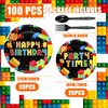 100 Pcs Building Block Party Supplies Building Block Party Plates Napkins Tableware Building Block Party Decoration Favor for Building Block Party Birthday Party (Building Block Party Style)