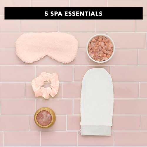 Pinch Provisions Himalayan Pink Salt Spa Kit, 5 Spa Essentials for Self-Care & Beauty, Multi-Functional Cosmetic Bag, Includes Facial Massager & Exfoliating Glove, Spa Set Gift