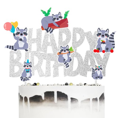 Raccoon Birthday Cake Topper Raccoon Birthday Cake Decoration Silver Glitter Raccoon Happy Birthday Cake Decor for Woodland Animal Theme Baby Shower Supplies