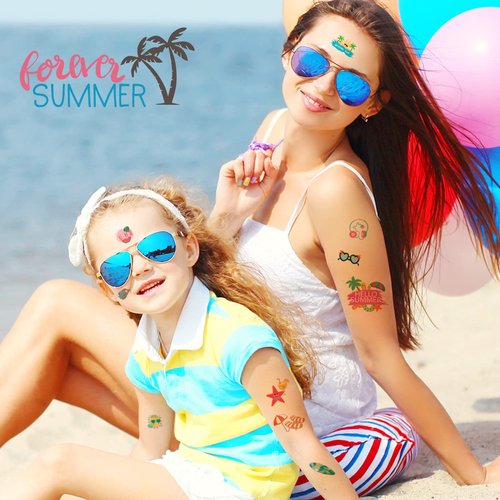 60 Pieces Summer Temporary Tattoos for Kids, Pool Party Favors, Hawaiian Luau Beach Temporary Tattoo, Watermelon Strawberry Pineapple Flamingo Tattoo Stickers for Birthday Party Supplies, Tropical Party Decoration Supplies
