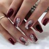 Medium Press On Nails, Acrylic Nails Press on, Medium Length Press On Nails Fake Nails Square Liquor Red False Nails with Glitter Line Press ons Designs Artificial Stick on Nails for Women 24Pcs