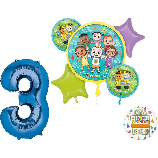 Anagram Cocomelon Boy 3rd Birthday Party Supplies Foil Balloon Bouquet Decorations