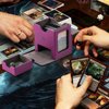 Premium PU Leather Trading Card Deck Box, Card Storage Box with 2 Dividers and 2 Dice, Card Deck Box Fits 120+ Sleeved Cards, Stylish, Durable, and Versatile Card Storage Solution (Black＆Purple)