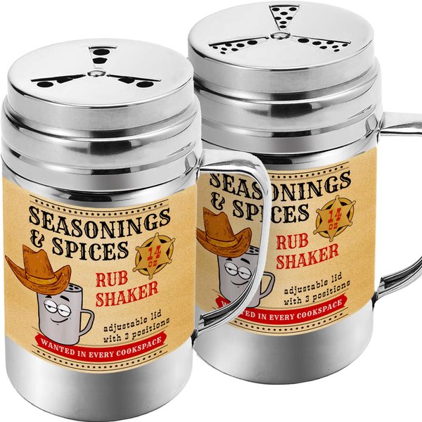 [Pack of 2] 14 oz Seasonings Spice Shakers - BBQ Dry Rub Shakers - Cooking Dredge with Adjustable Fan-Style Lid and Handles