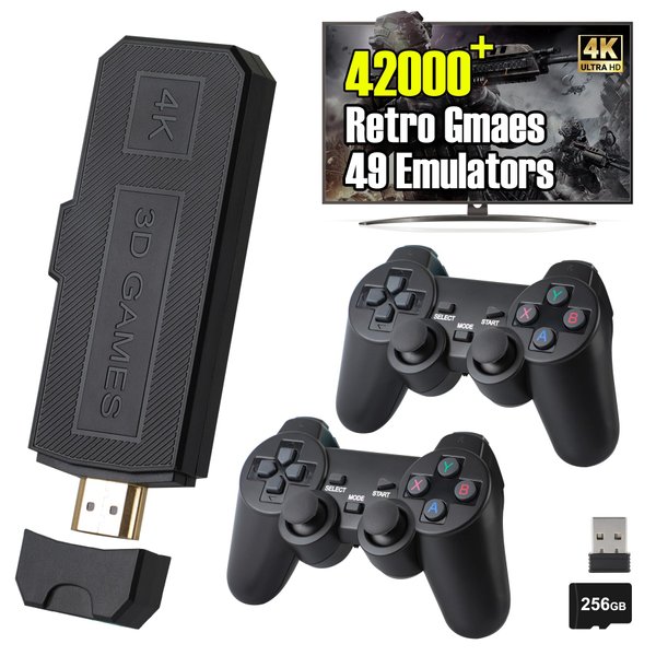 Wireless Retro Game Stick,Built-in 49 Emulators and 42,000 Classic Games, Equipped with Dual 2.4G Wireless Controllers, Plug and Play TV Video Games, Supports 4K HDMI Output. (256GB)
